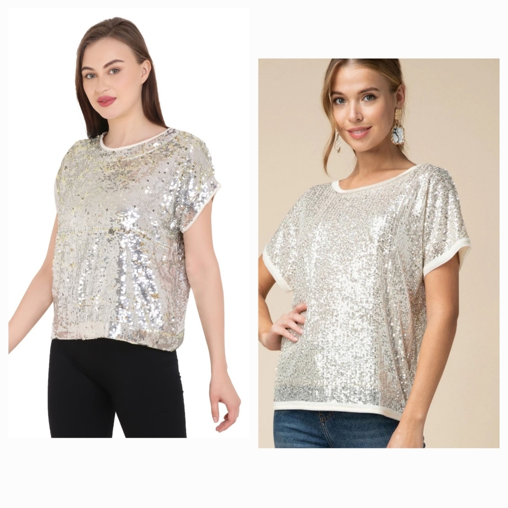 NWT Dressy Neutral Cream Beige Sequined Top Size X-Large